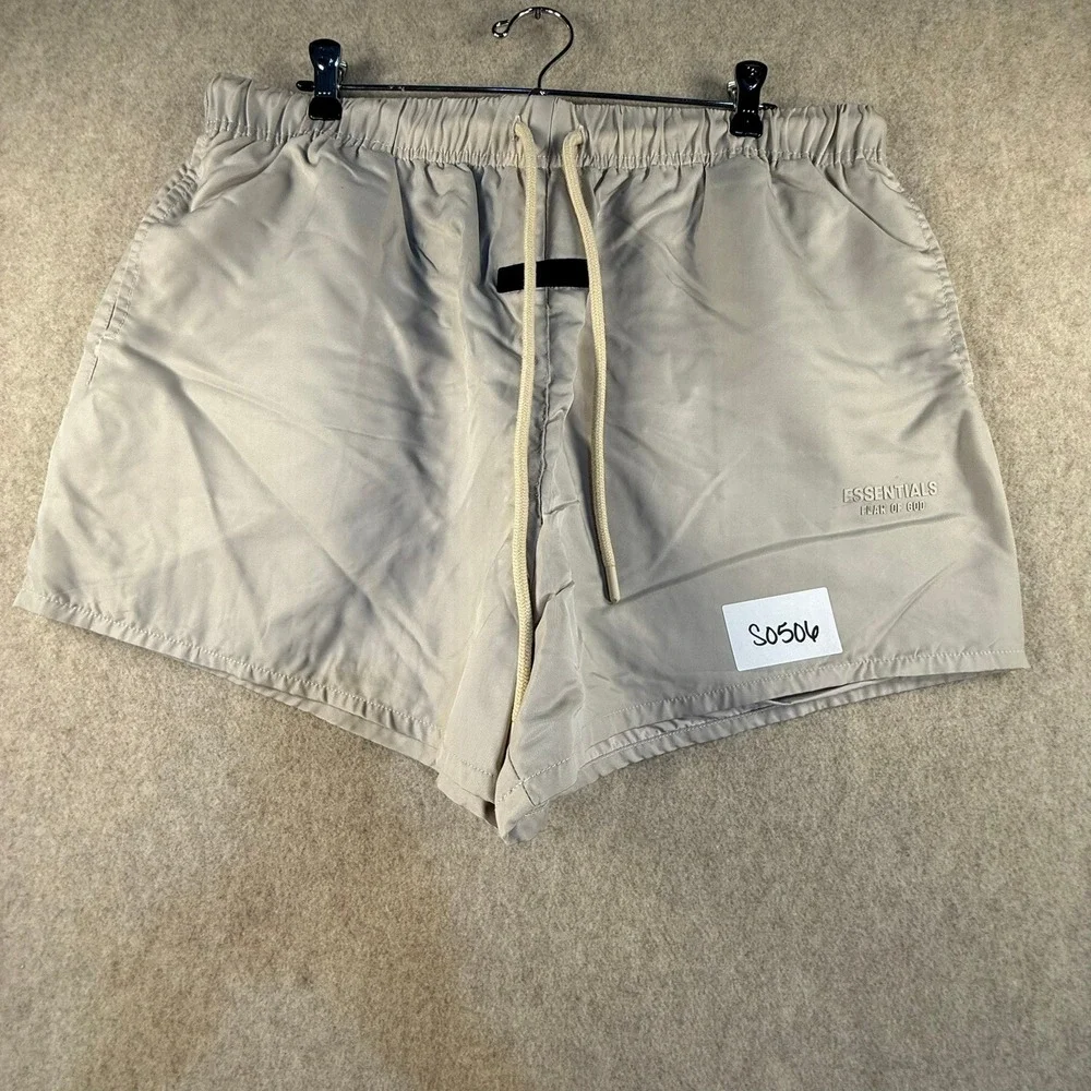 Fear of God Essentials Volleyball Shorts Tan Stone XL Rubberized Logo Mens
